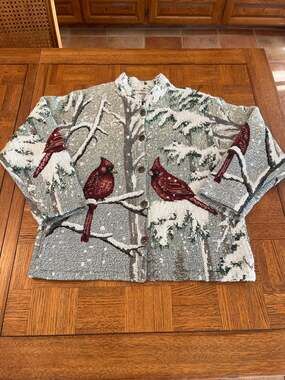 Vtg Sugar Street Weavers Winter Scene Cardinal Tapestry Cardigan Jacket O/S